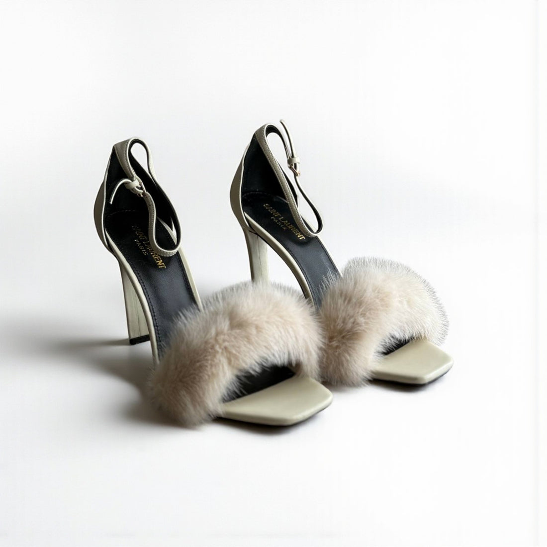 YSL Fur Heels, Smooth Leather and Fur Strap, 4" Heels, Box Damaged