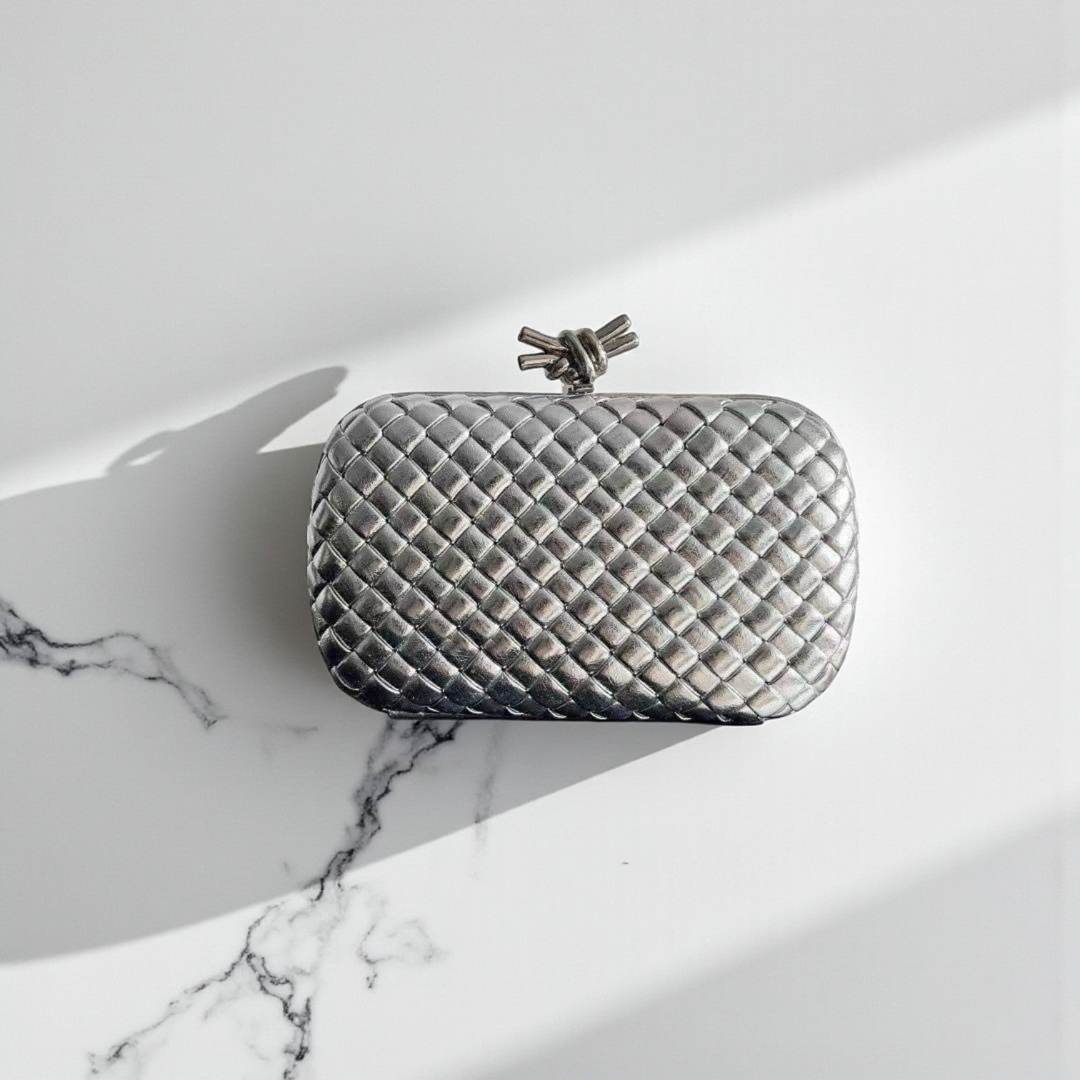 Bottega Veneta Knot Clutch Bag Silver Intreccio Leather 11.5x19x5cm