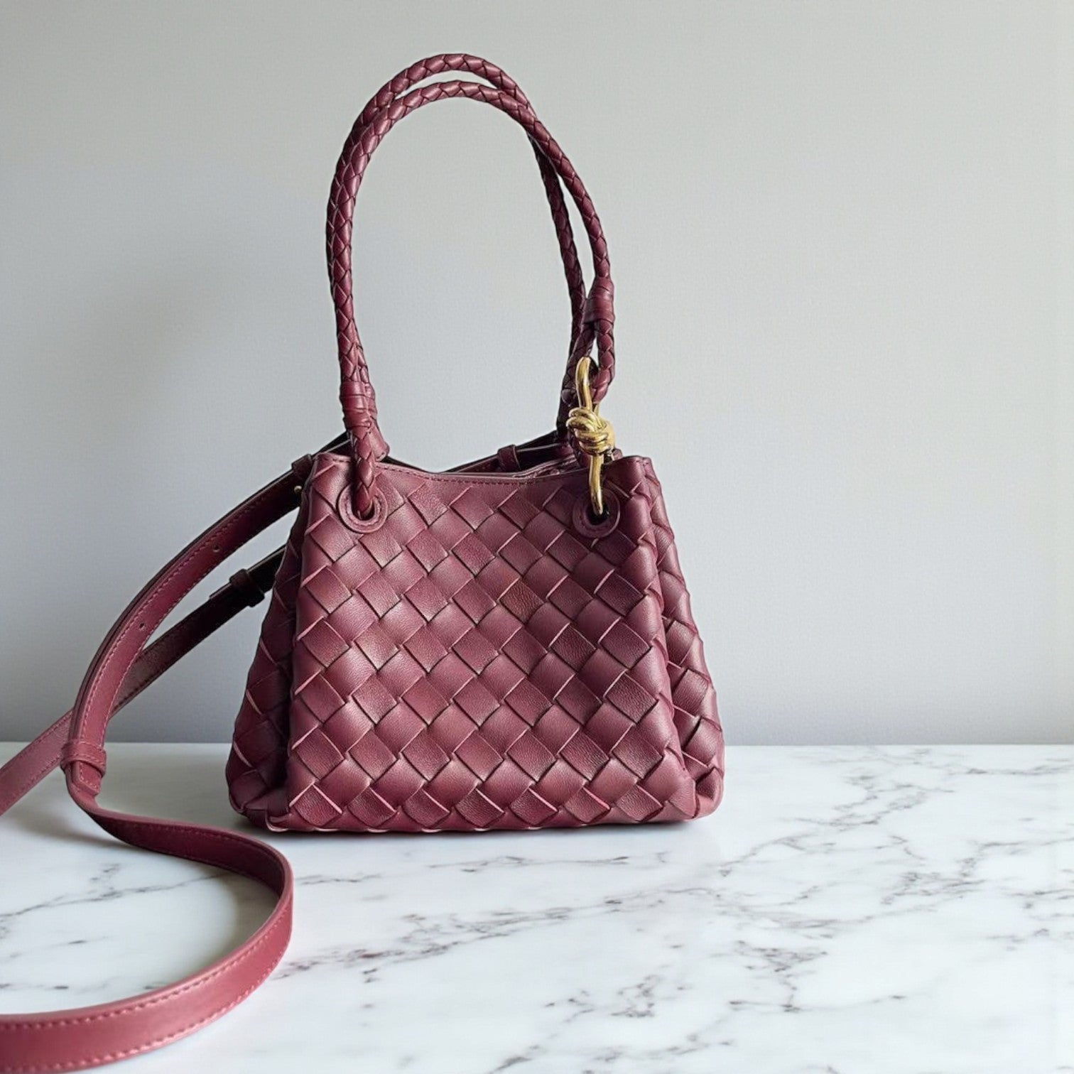Bottega Veneta Small Parachute Maroon Intrecciato Leather Bag, 20 cm