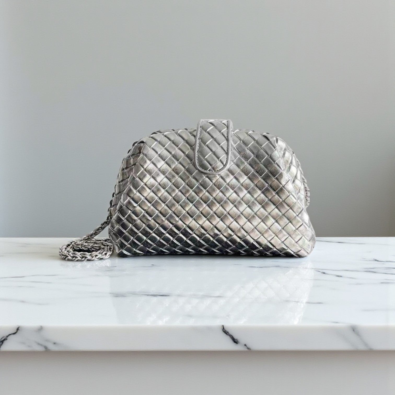 Bottega Veneta Lauren 1980 Silver Padded Intrecciato Clutch, 16.5x31.5x11 cm