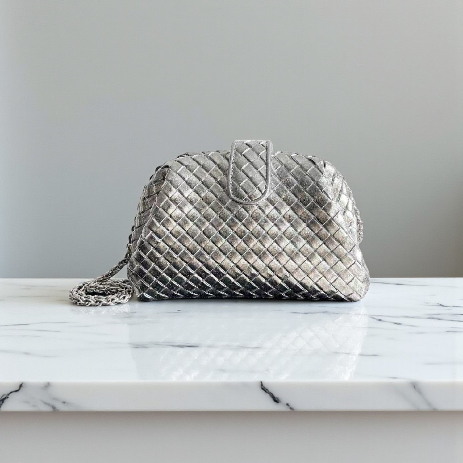 Bottega Veneta Lauren 1980 Silver Padded Intrecciato Clutch, 16.5x31.5x11 cm