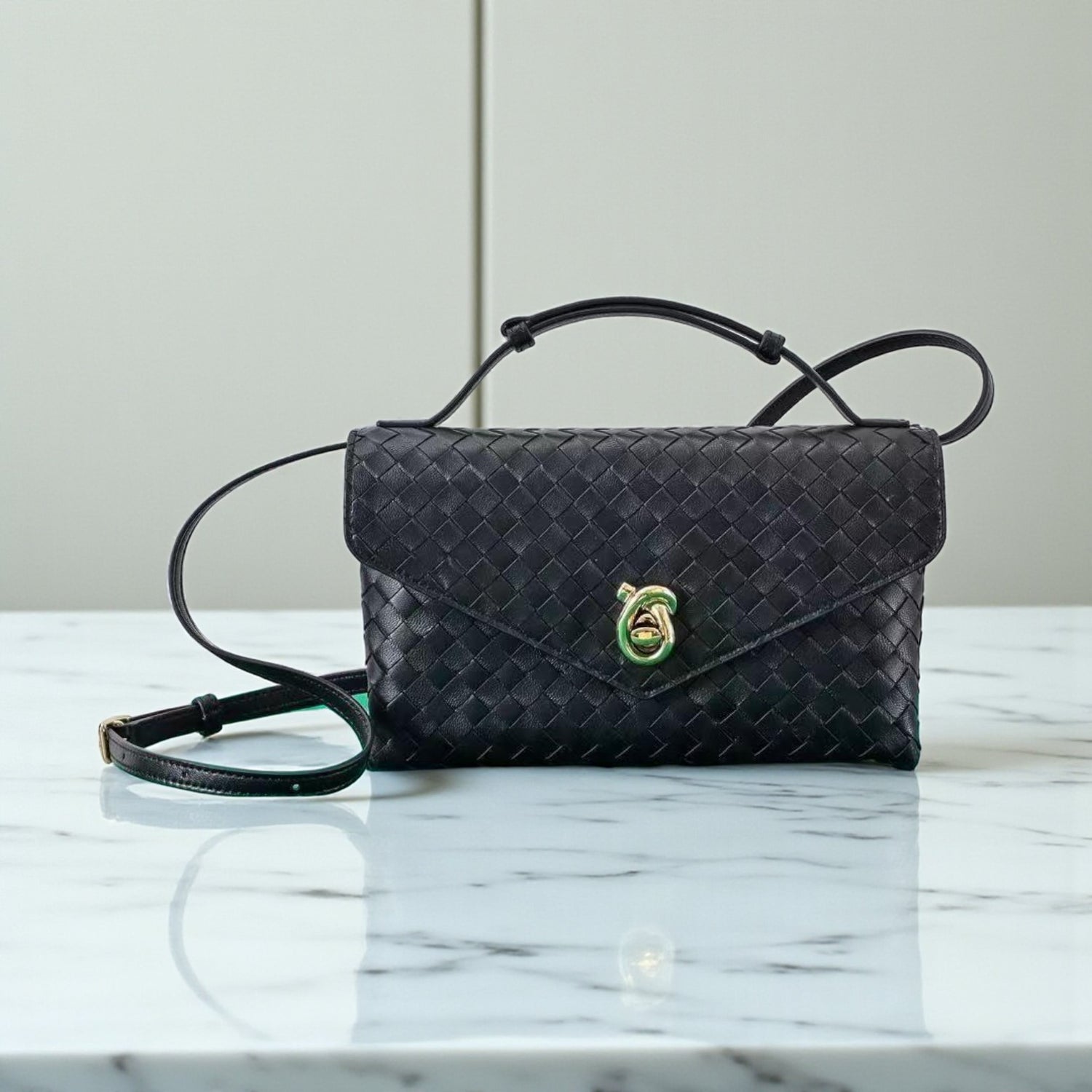 Bottega Veneta Intrecciato Knot Lock Black Lamb Leather Crossbody