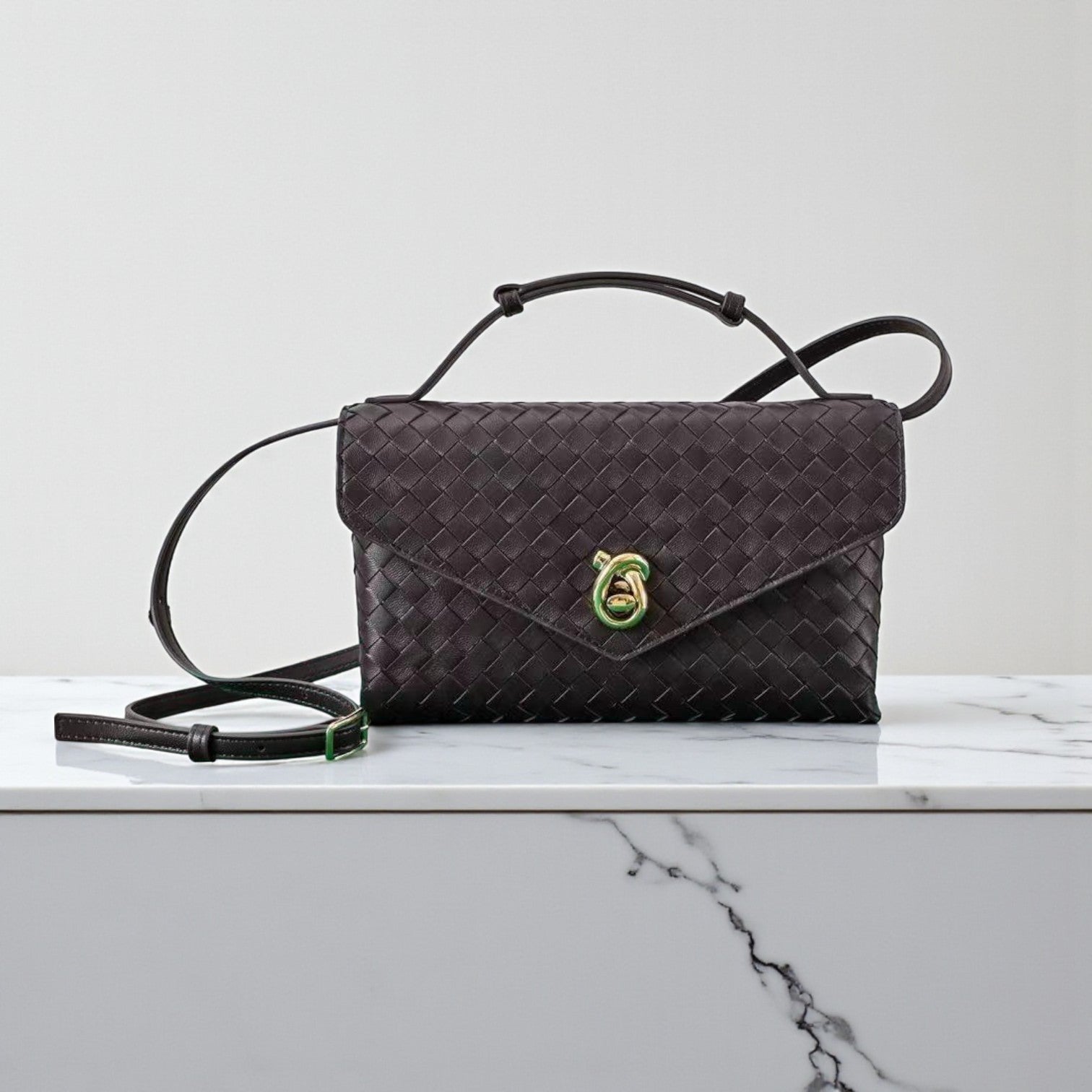 Bottega Veneta Intrecciato Knot Lock Crossbody Bag Dark Brown