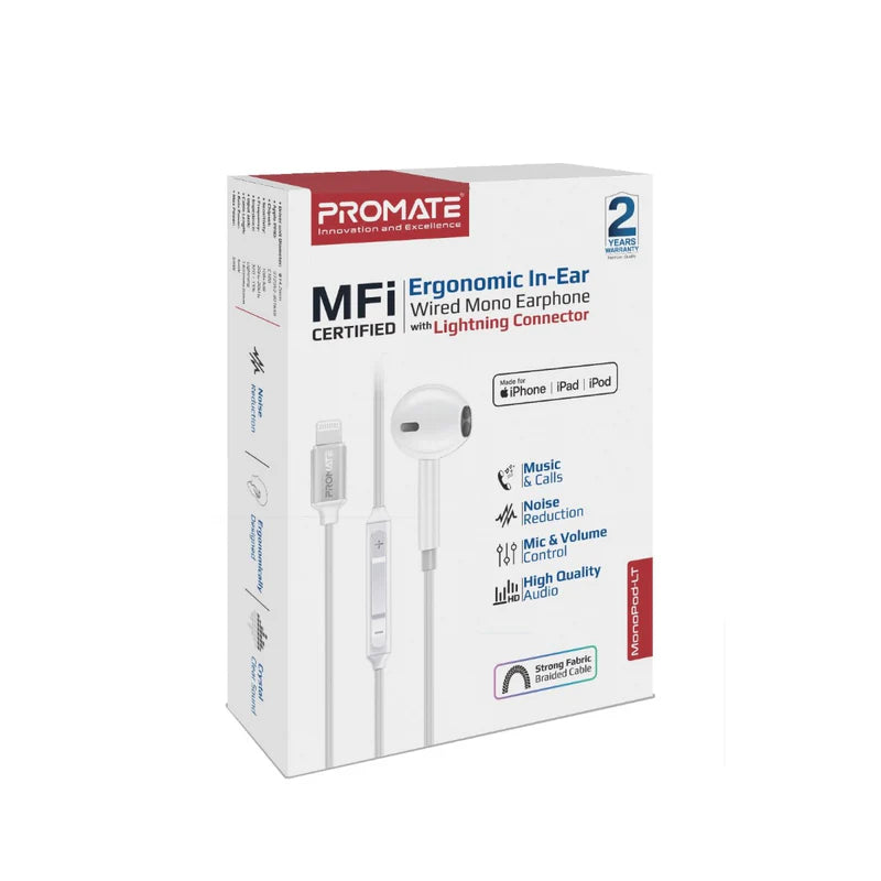 PROMATE MonoPod-LT  MFI Certified Ergonomic In-Ear Wired Mono Earphone with Lightning Connector