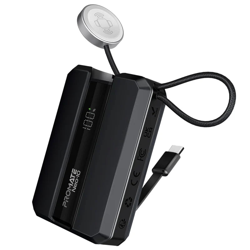 PROMATE NEO-10 30W Power Delivery Smartphone & Apple Watch Charging Power Bank with in-built USB-C Cable