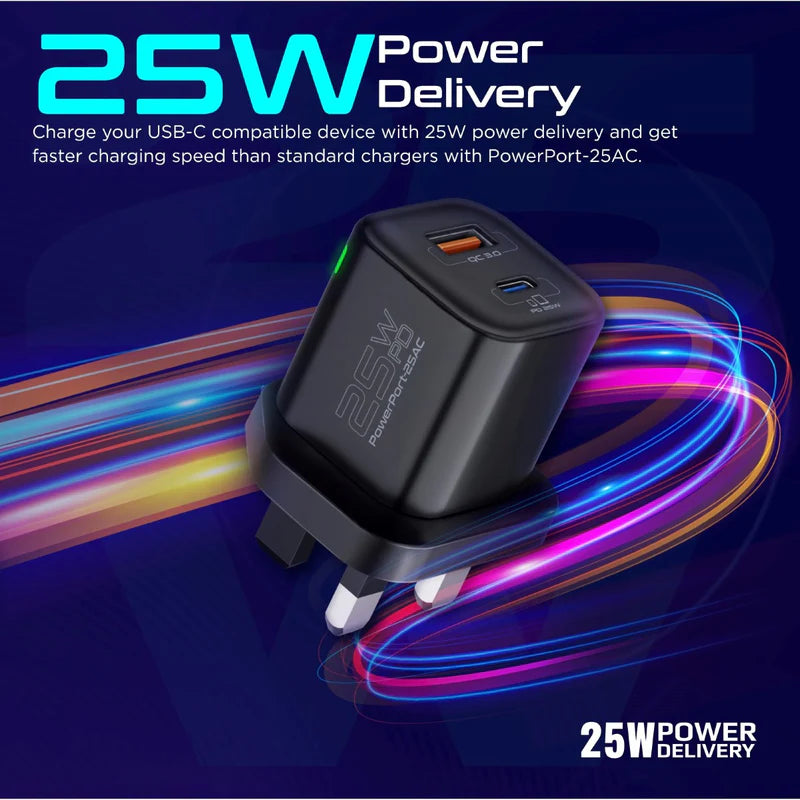 PROMATE PowerPort-25AC Ultra-Fast Dual Port AC Charger with 25W Power Delivery and QC 3.0