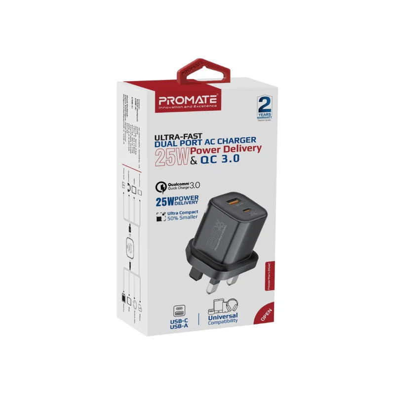 PROMATE PowerPort-25AC Ultra-Fast Dual Port AC Charger with 25W Power Delivery and QC 3.0