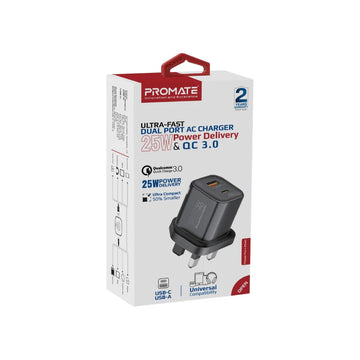 PROMATE PowerPort-25AC Ultra-Fast Dual Port AC Charger with 25W Power Delivery and QC 3.0