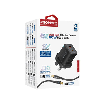 PROMATE PowerPort-25CC  25W Dual Port Adapter Combo with 60W Fast Charging USB-C Cable