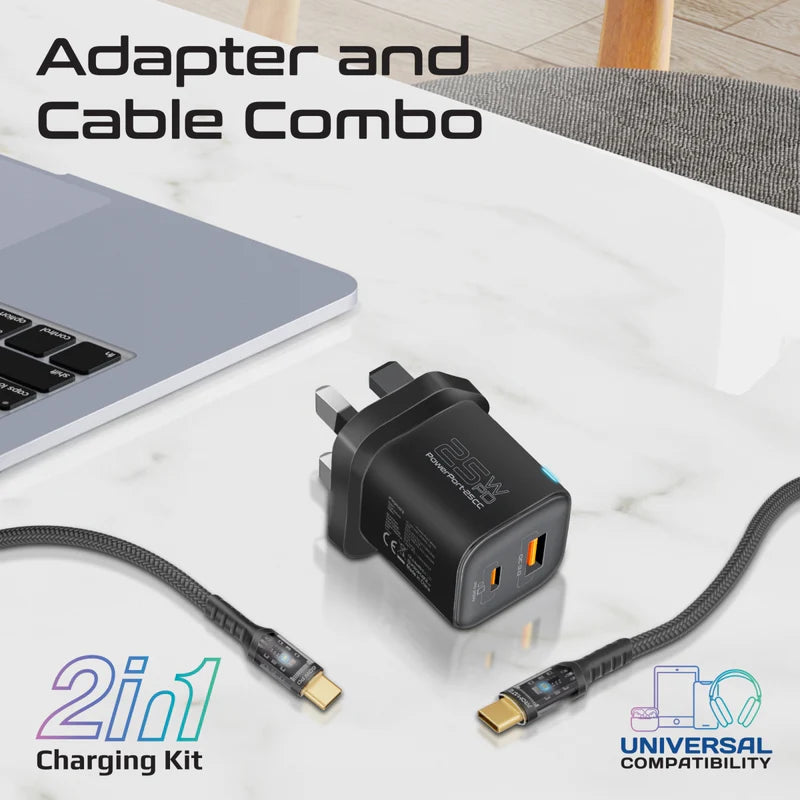 PROMATE PowerPort-25CC  25W Dual Port Adapter Combo with 60W Fast Charging USB-C Cable