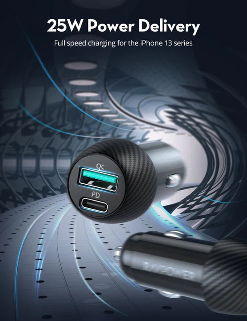 RAVPOWER 2 Port 49W Fast Car Charger with 1M Lightning Cable -