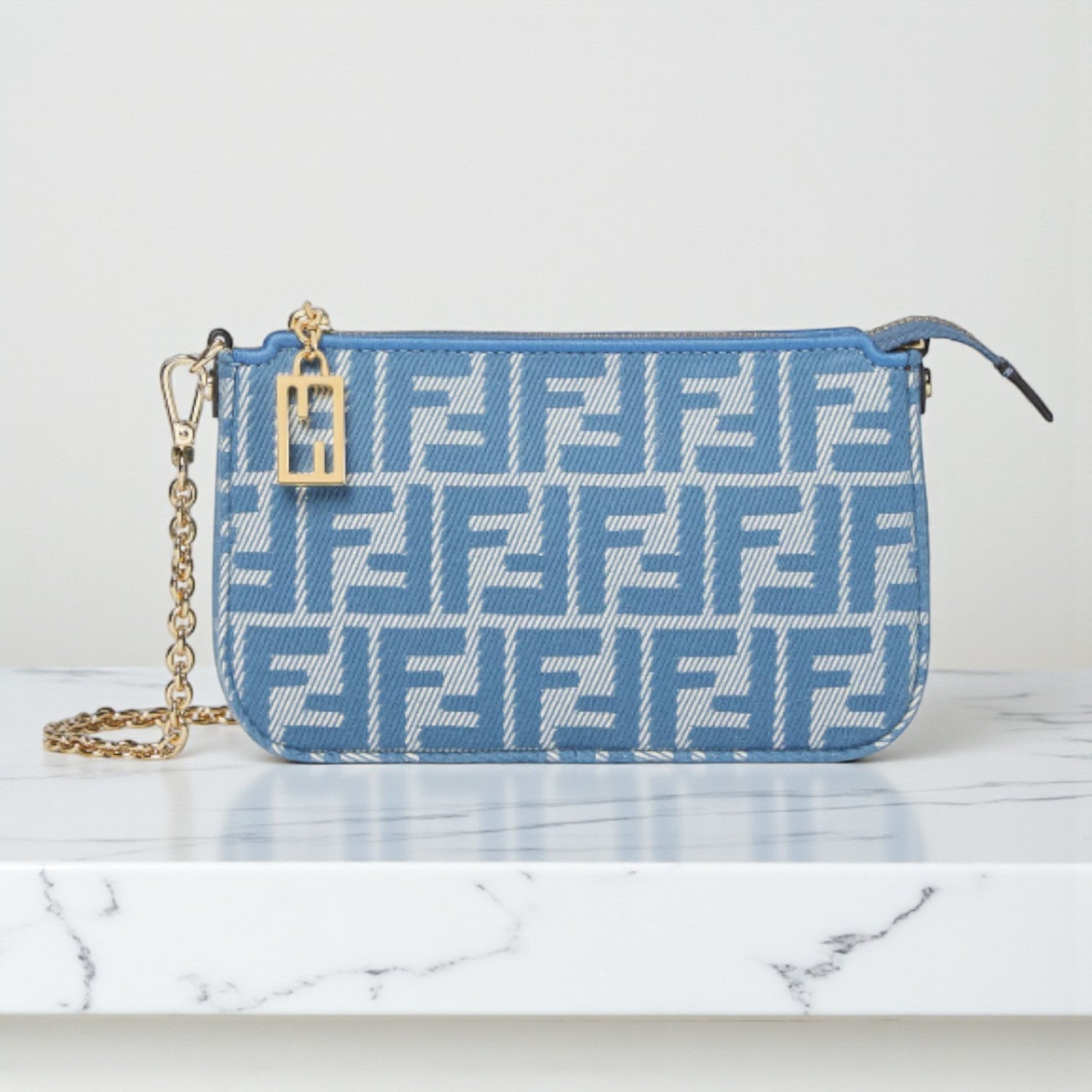Fendi Baguette Pouch Blue Denim-Effect FF Jacquard, 20 cm