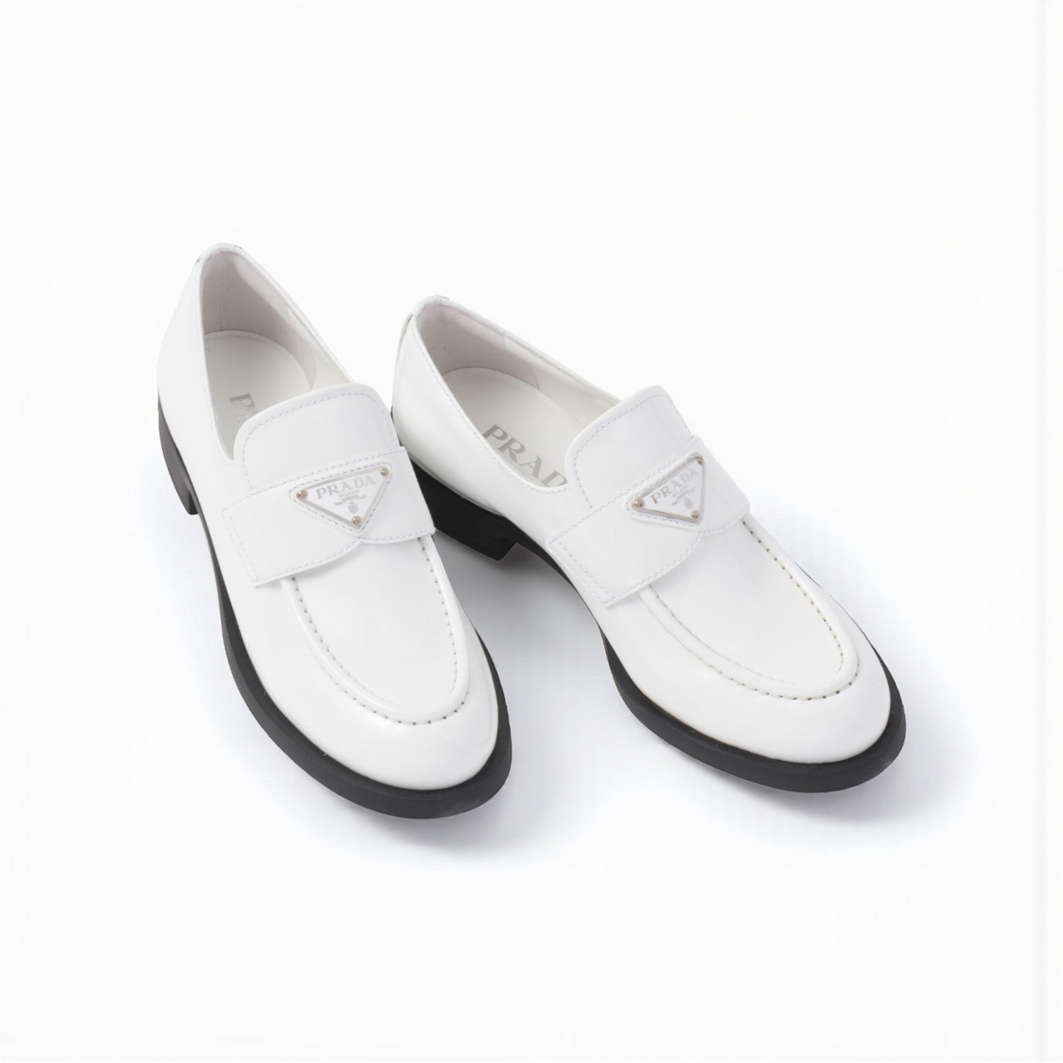 Prada Loafers in White, Shiny Leather, Box Damaged