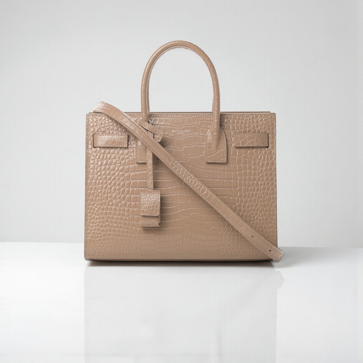 YSL Small Sac De Jour Beige Crocodile-Embossed Leather Bag