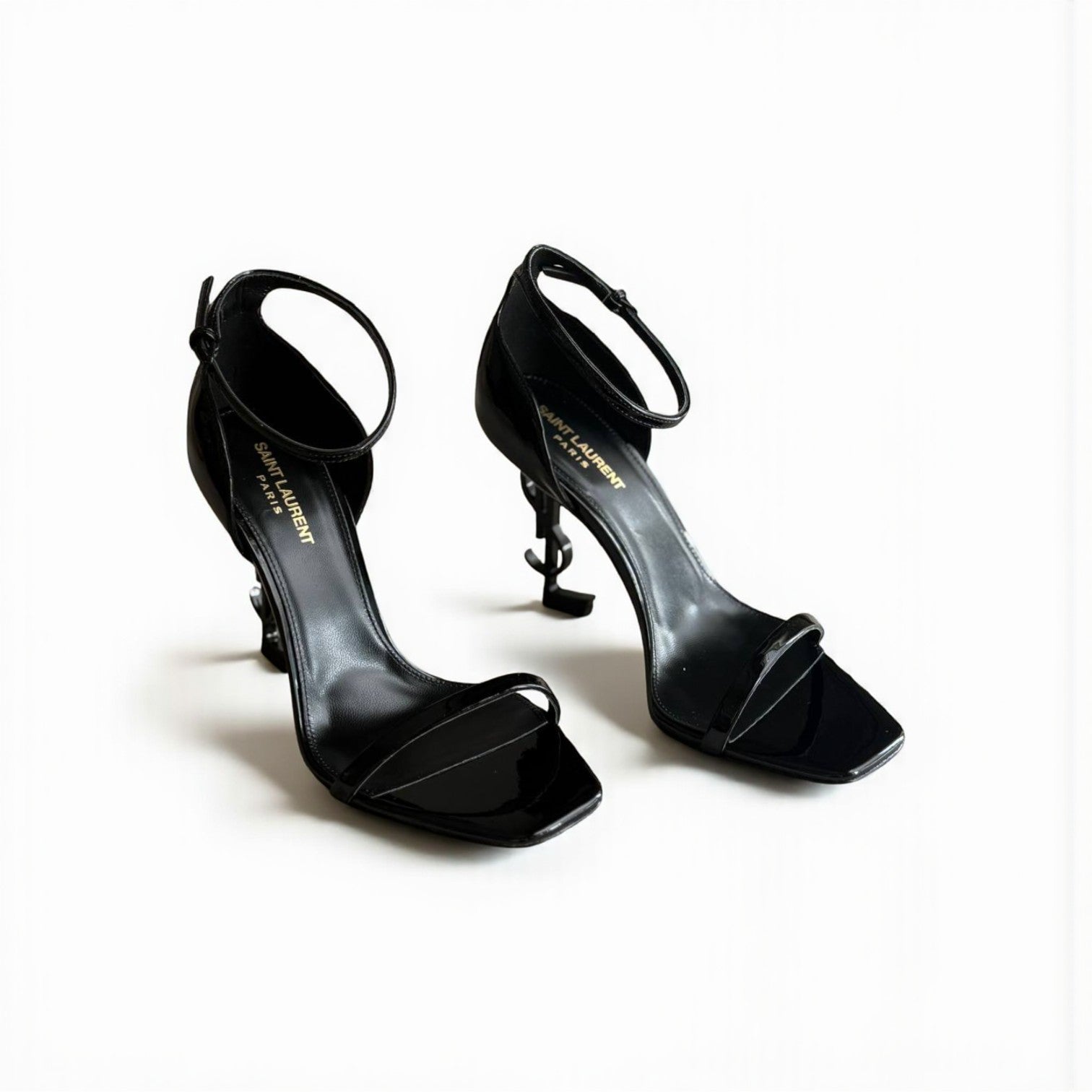 YSL Opyum Patent Leather Logo Heels, All Black, 4.5" Heels, Box Damaged