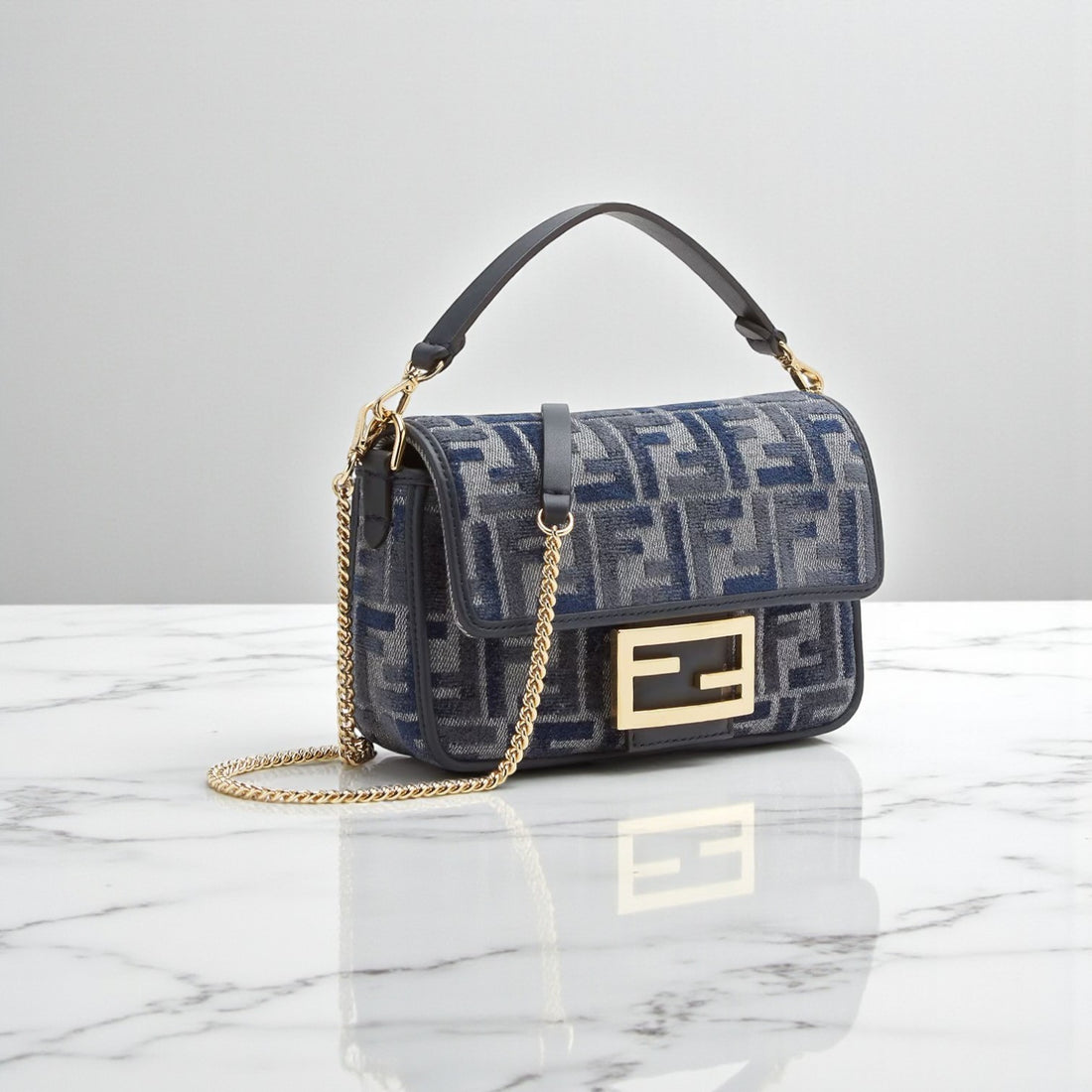 Fendi Baguette Mini Dark Blue FF Chenille Bag, 13x20x5 cm
