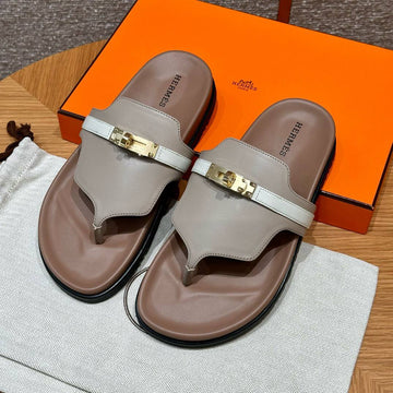 Hermes Empire Sandals, Gold Hardware, Grayish-yellow Beige, Calfskin, Rubber Outsole