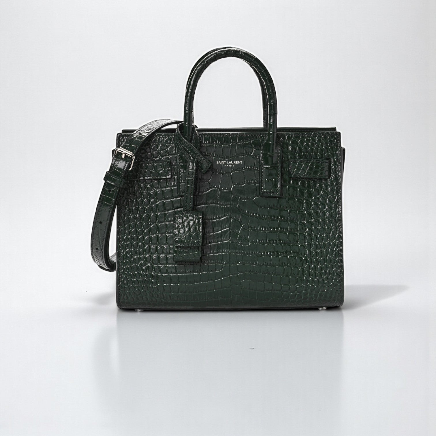 YSL Small Sac De Jour Dark Green Croc Bag