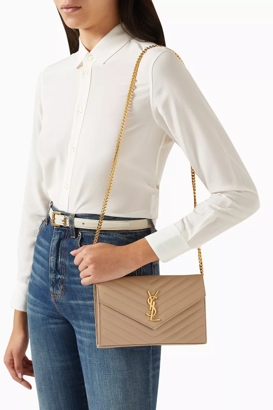 YSL Cassandre Envelope Chain Bag Light Beige – Quilted Calf Leather