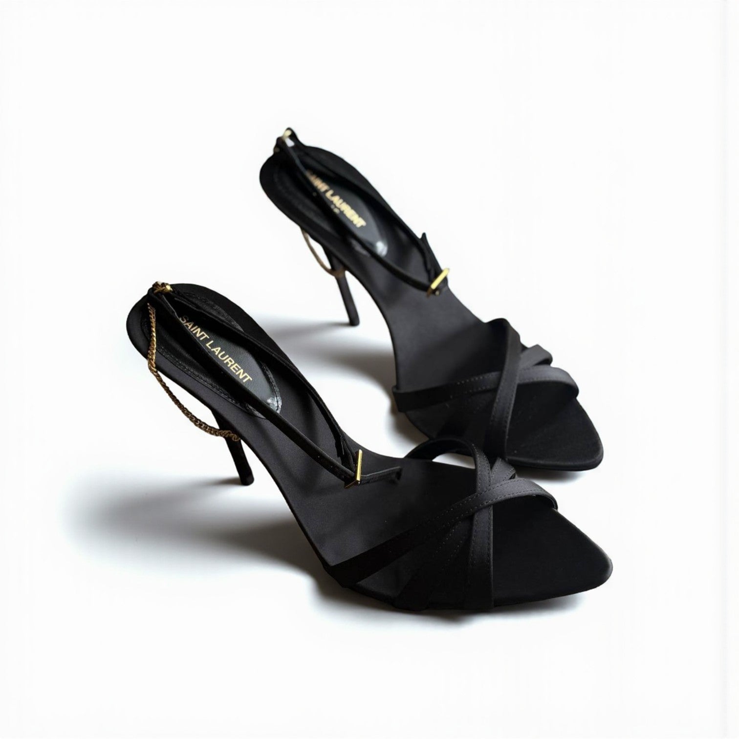 YSL Melody Heels, Satin Sandal Strap, 4.5" Pointed Heels, Box Damaged
