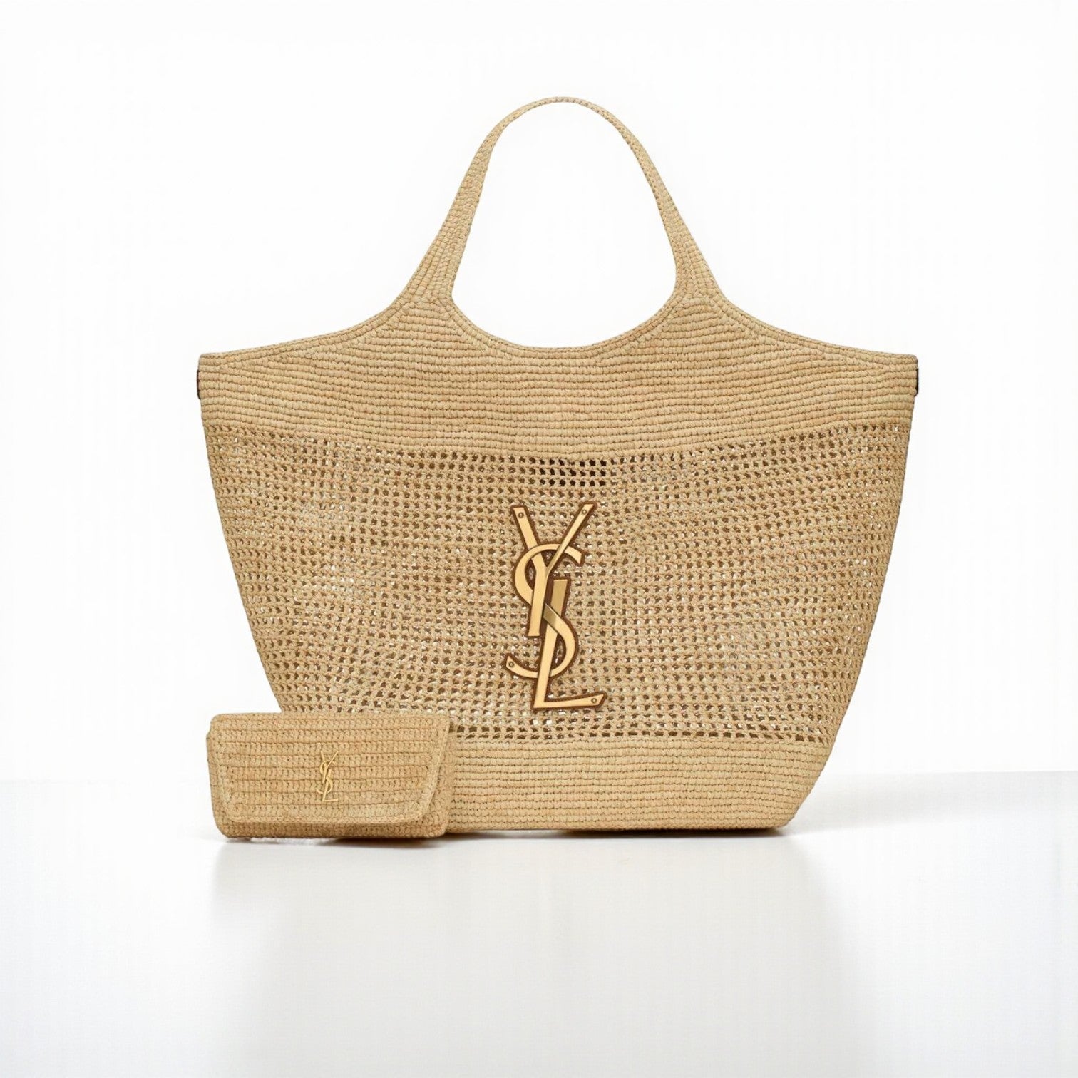 YSL ICare Maxi Raffia Hand-Embroidered Shopping Bag