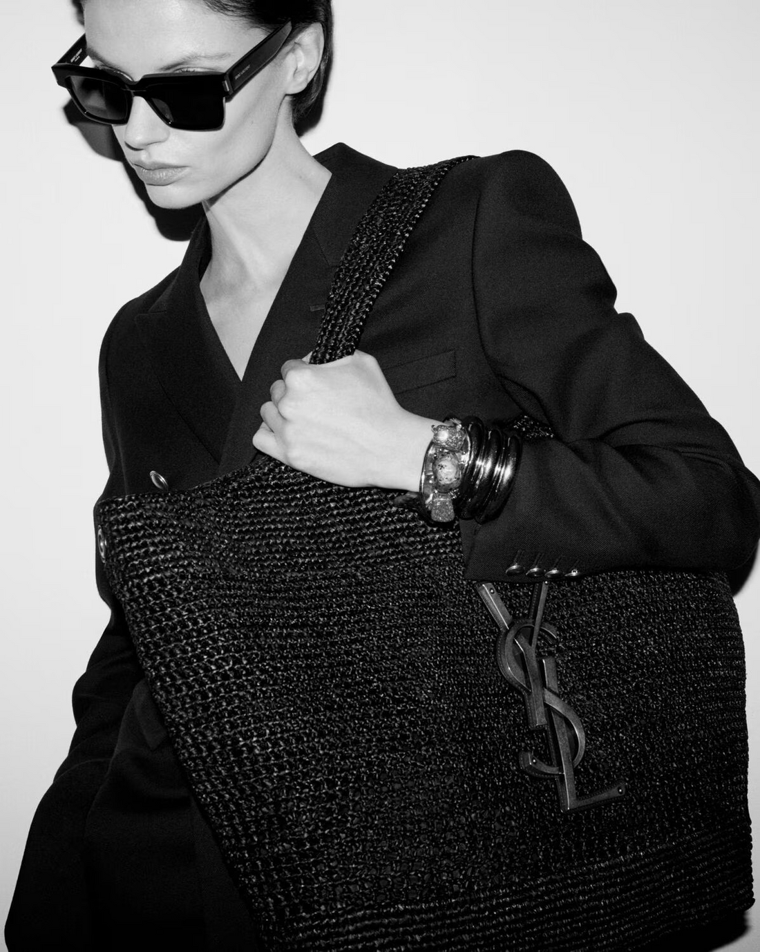 YSL ICare Maxi Raffia Hand-Embroidered Shopping Bag