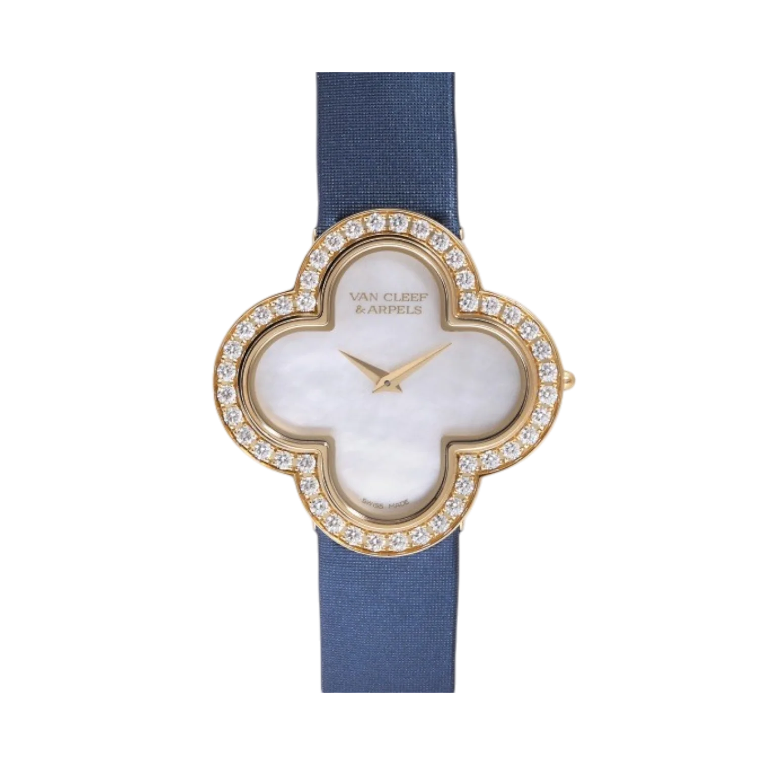 Alhambra Watch – 30mm Yellow Gold, Blue Satin, Zircon