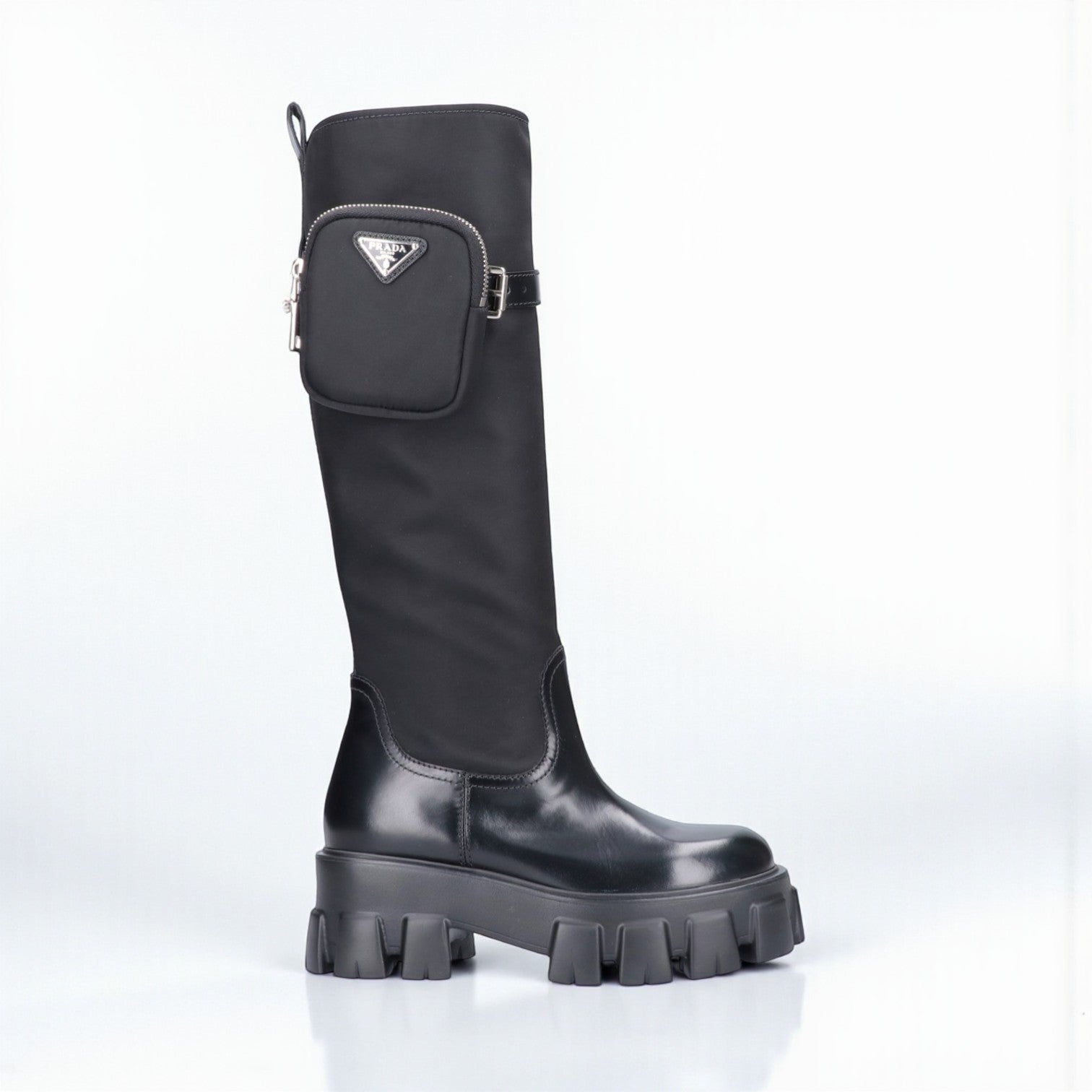 Prada Boots, Leather and Nylon Platform Riding Boots, Logo Zip Pouch on Collar, Box Damaged