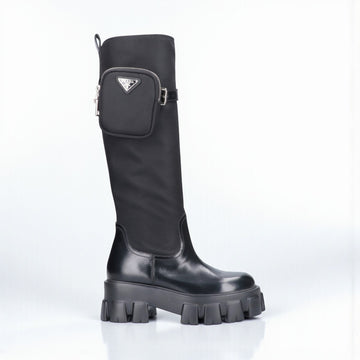 Prada Boots, Leather and Nylon Platform Riding Boots, Logo Zip Pouch on Collar, Box Damaged