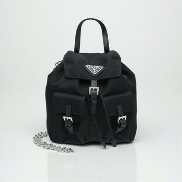 Prada Re-Nylon Mini Backpack, Nylon & Nappa Leather, Chain Strap, H 16 x L 16 x W 8 cm