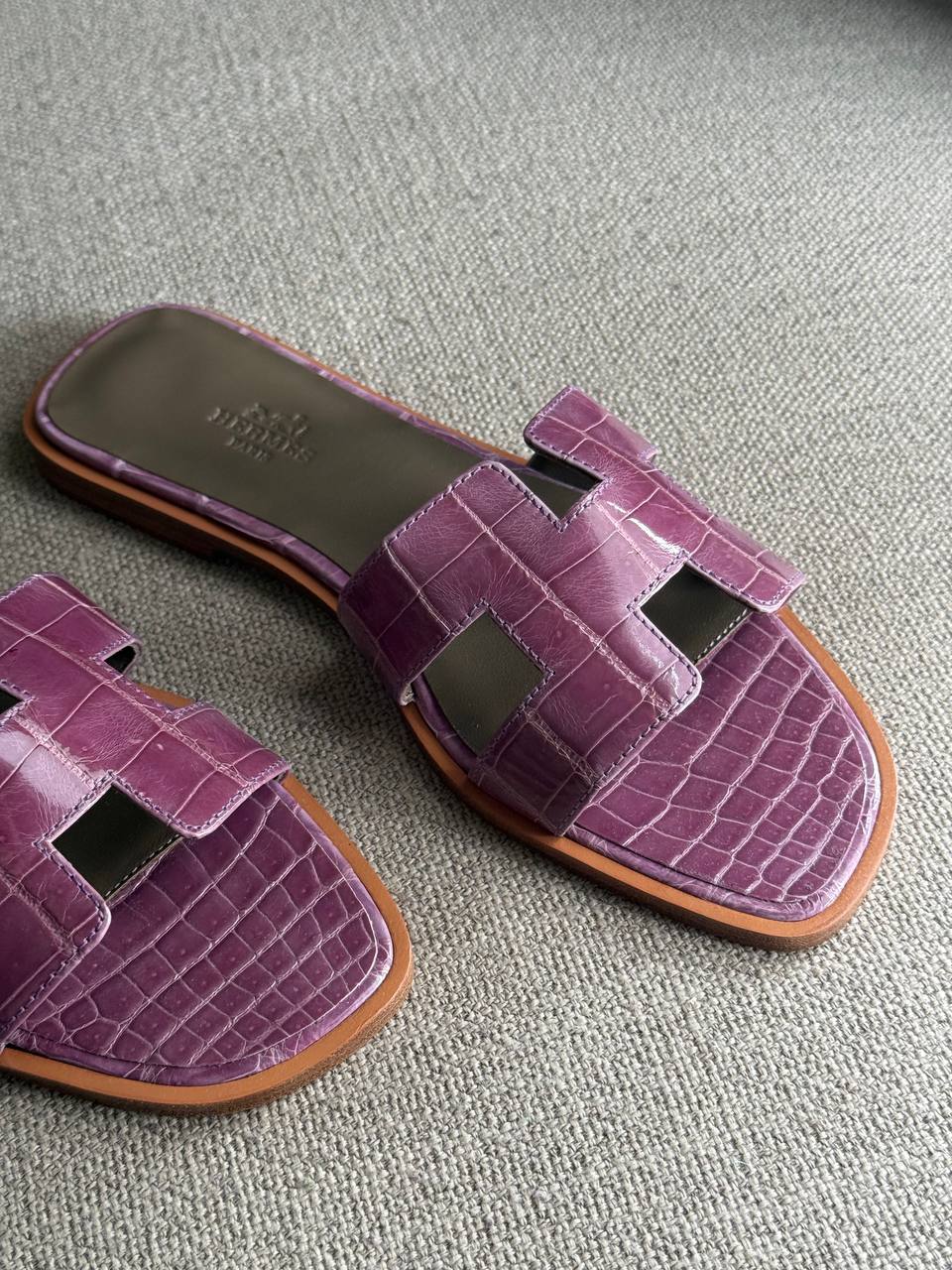 Hermes Oran Sandal Crocodile – Purple, Patent Crocodile Leather Upper, Dermal Outsole