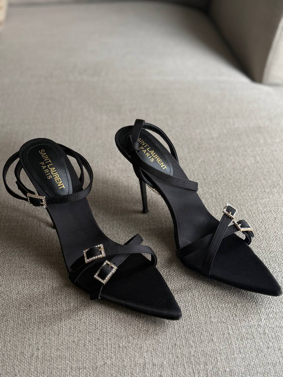 YSL Cassie Silk Heels, Satin Sandal Strap, 4.5" Pointed Heels, Box Damaged