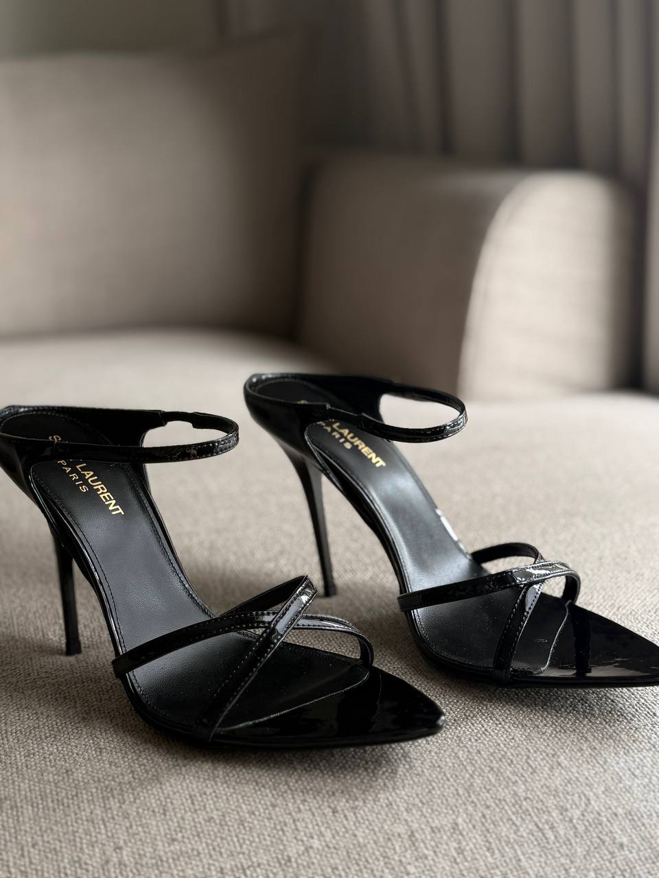 YSL Gippy Black Patent Crisscross Pointed Heels, 4.5" Heels, Box Damaged