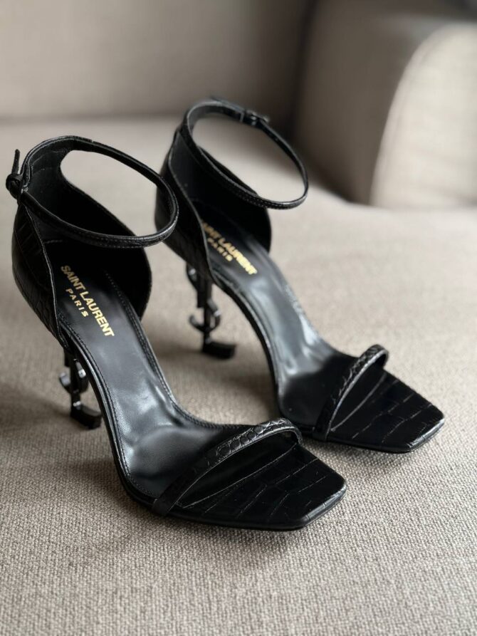 YSL Opyum Sandals, Crocodile-Embossed Leather, 4.5" Logo Heels, Box Damaged