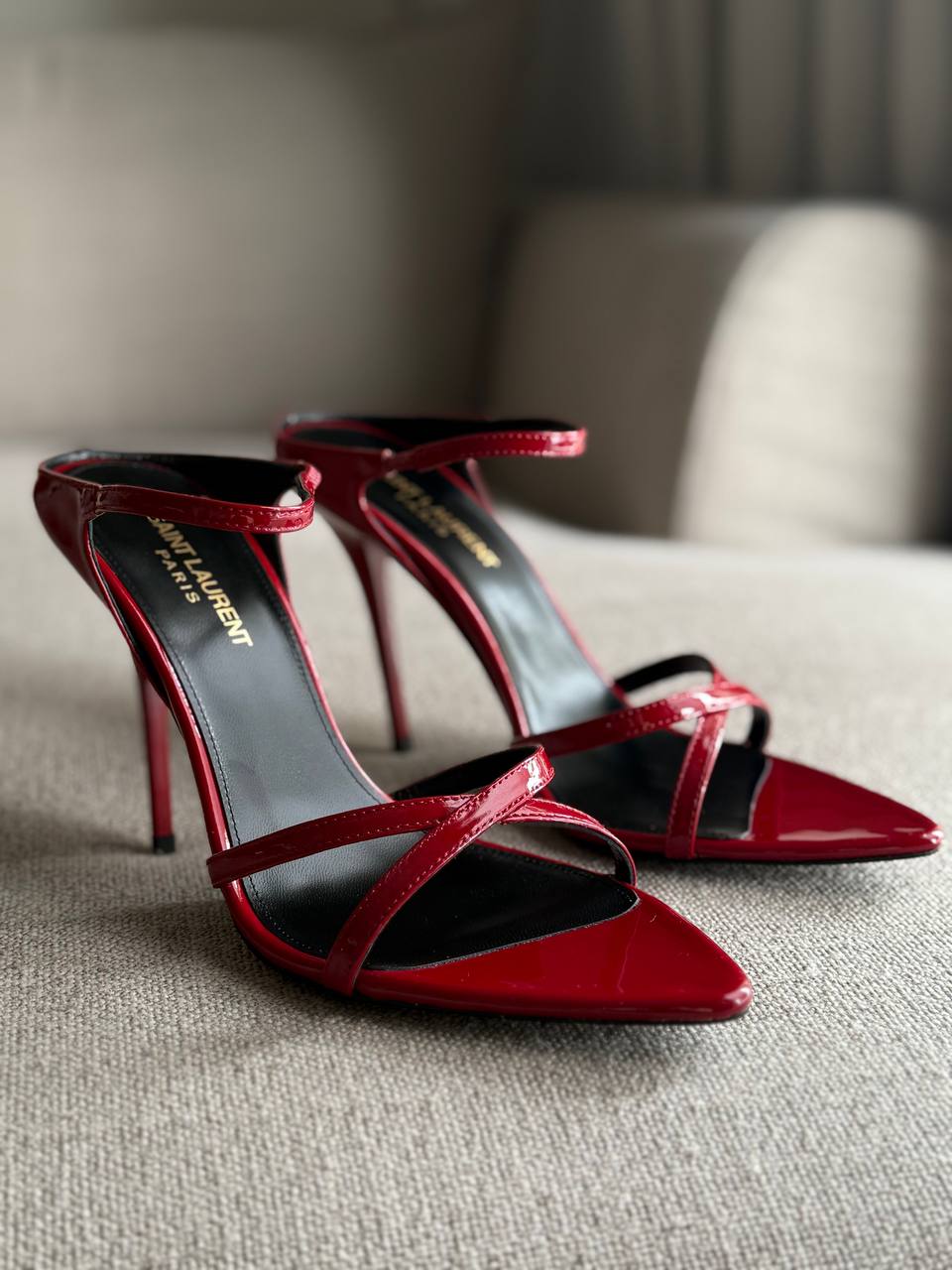 YSL Gippy Red Patent Crisscross Pointed Heels, 4.5" Heels, Box Damaged