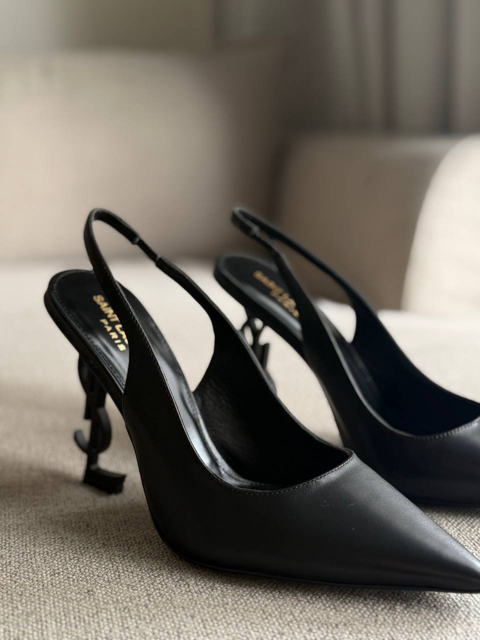 YSL Opyum Slingback Pumps, All Black, 4.5" Logo Heels, Smooth Leather, Box Damaged