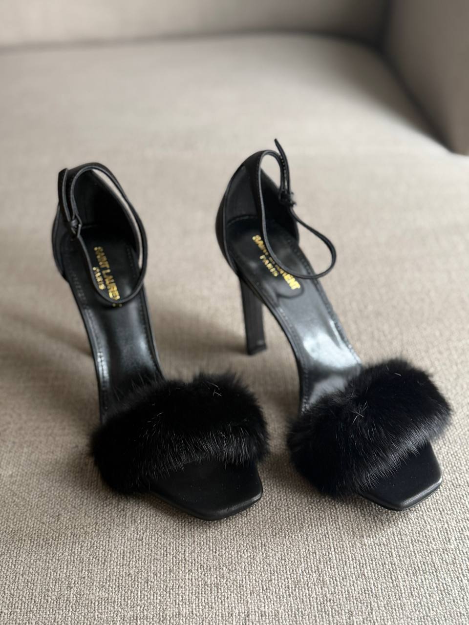 YSL Fur Heels, Smooth Leather and Fur Strap, 4" Heels, Box Damaged