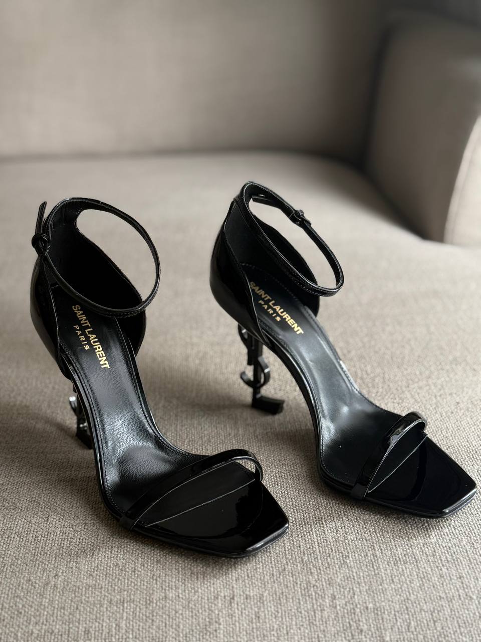 YSL Opyum Patent Leather Logo Heels, All Black, 4.5" Heels, Box Damaged