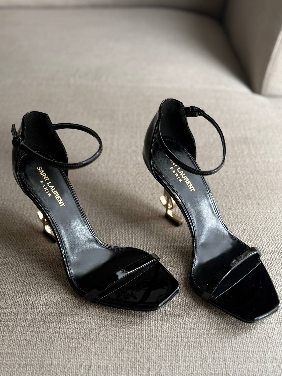 YSL Black Opyum Patent Leather Ankle-Strap Heels, 4.5" Logo Heels, Box Damaged