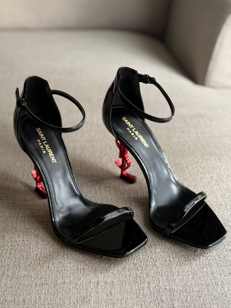YSL Black Opyum Patent Leather Ankle-Strap, 4.5" Logo Heels, Box Damaged