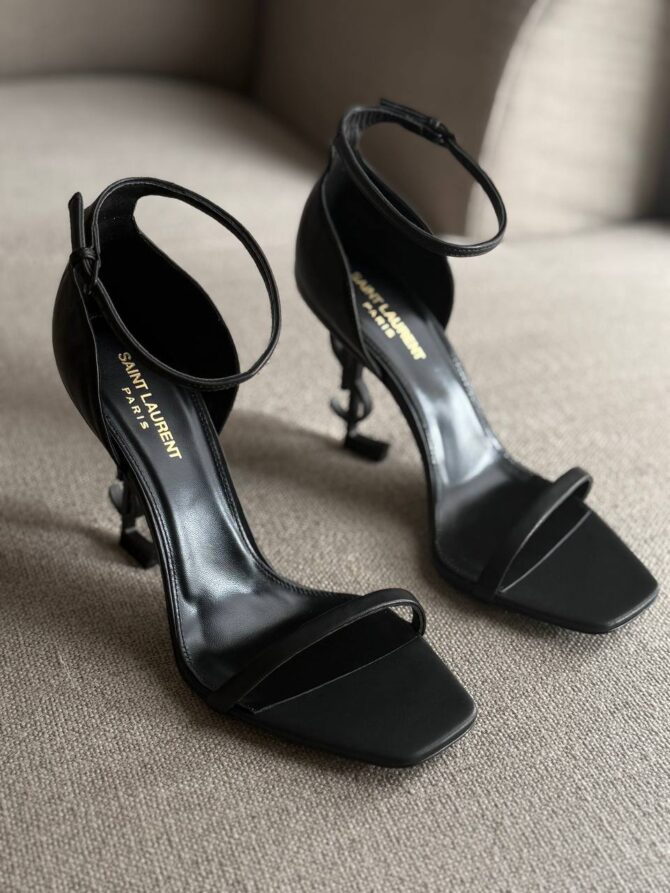 YSL Opyum Leather Logo Heels, All Black, 4.5" Heels, Matte Black, Box Damaged