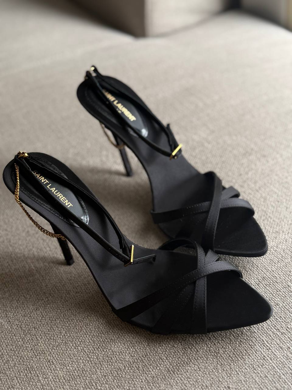 YSL Melody Heels, Satin Sandal Strap, 4.5" Pointed Heels, Box Damaged
