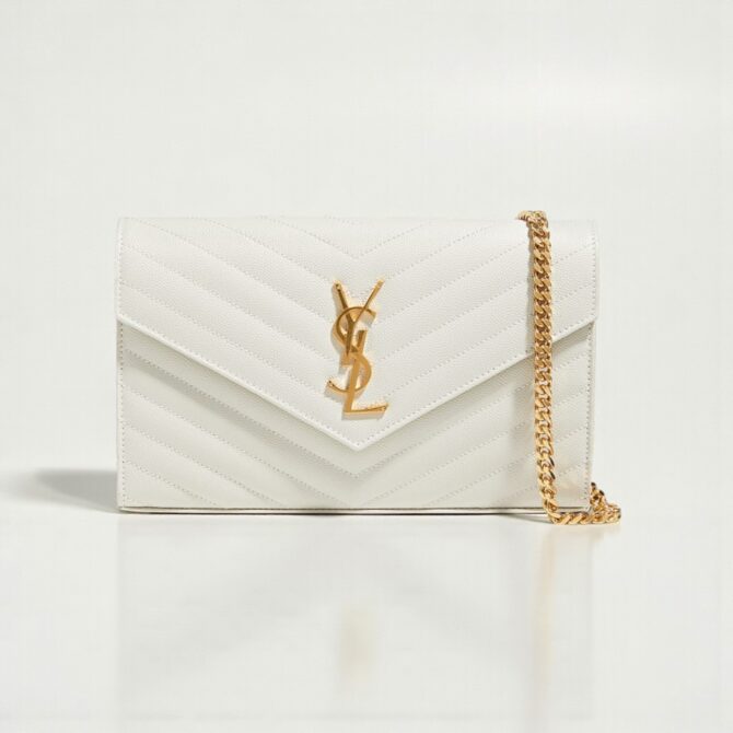 YSL Cassandre Envelope Chain Bag White – Quilted Calf Leather