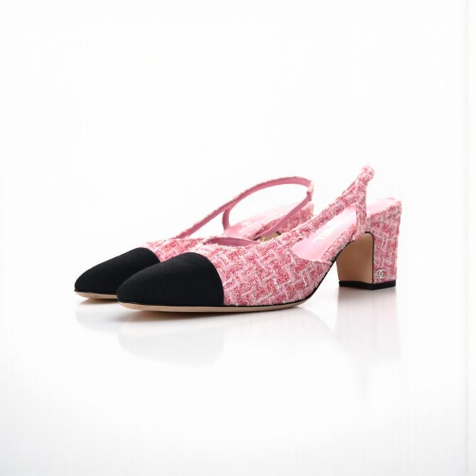 Chanel Slingback Heels, Tweed/Cloth & Grosgrain, 2.5 inches Heels, Pink & Black