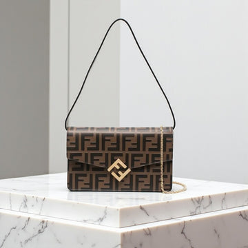 Fendi Wallet On Chain Brown Leather FF Print 21cm