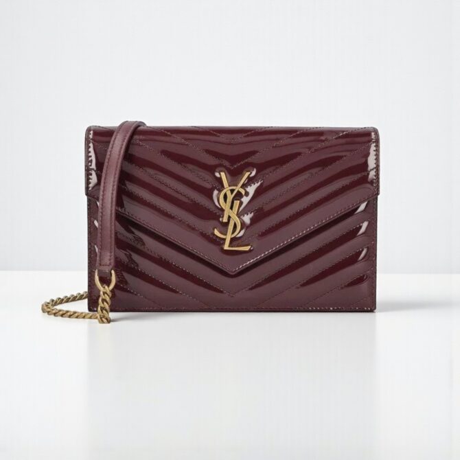 YSL Cassandre Patent Leather Wallet on Chain, Dark Red Wine 19cm