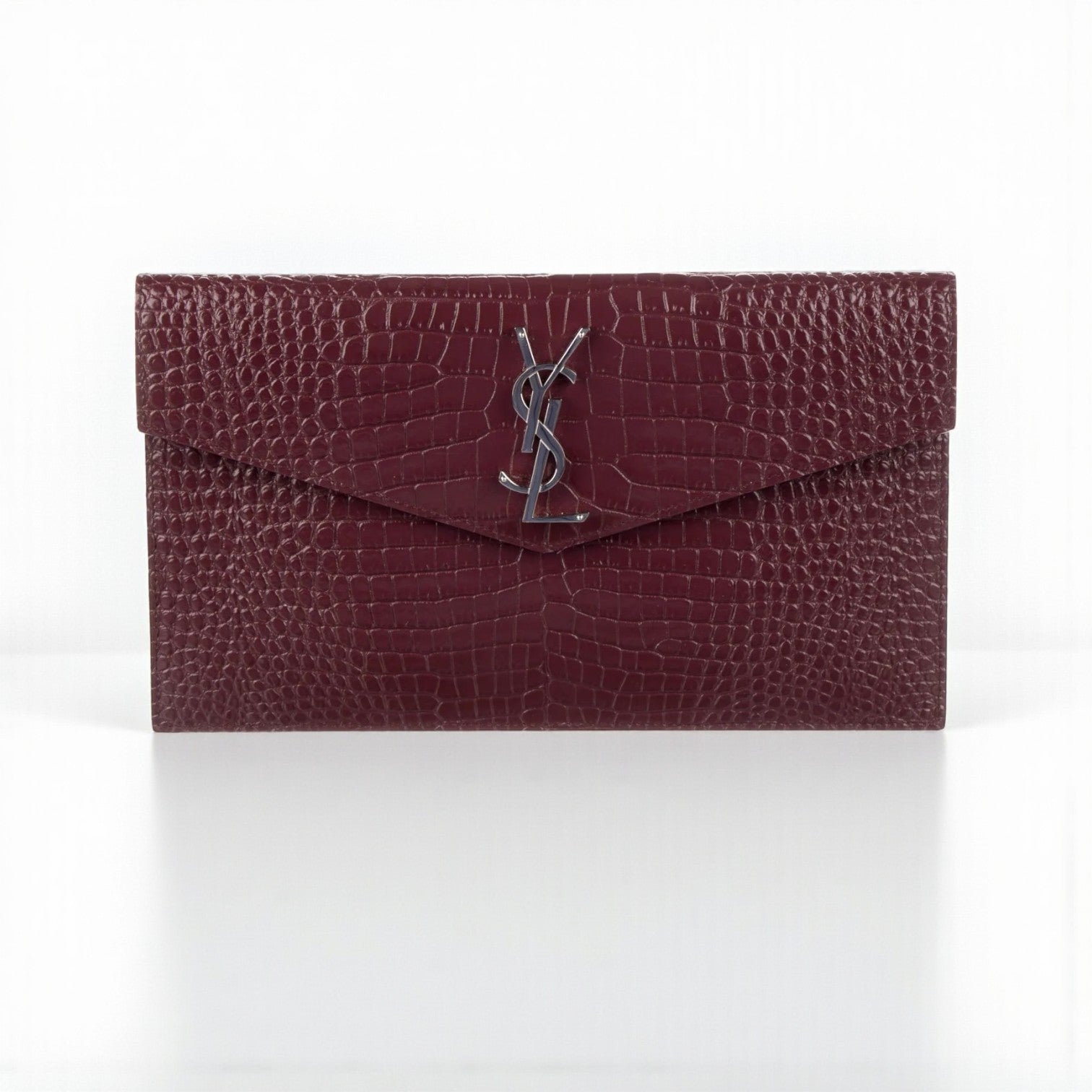 YSL Uptown Pouch in Glossy Red Patent Leather