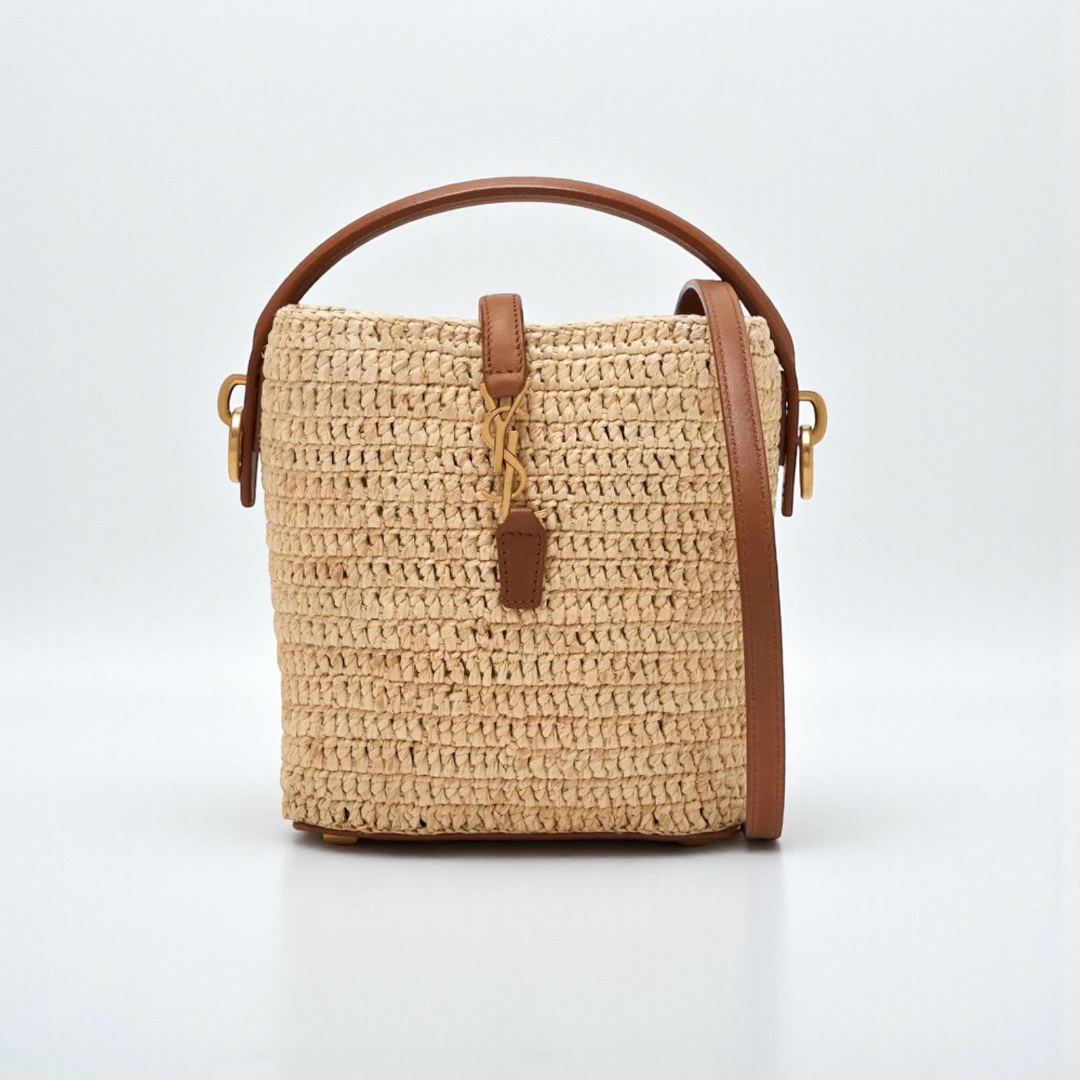 YSL Le 37 Mini Raffia Bucket Bag with Leather Accents