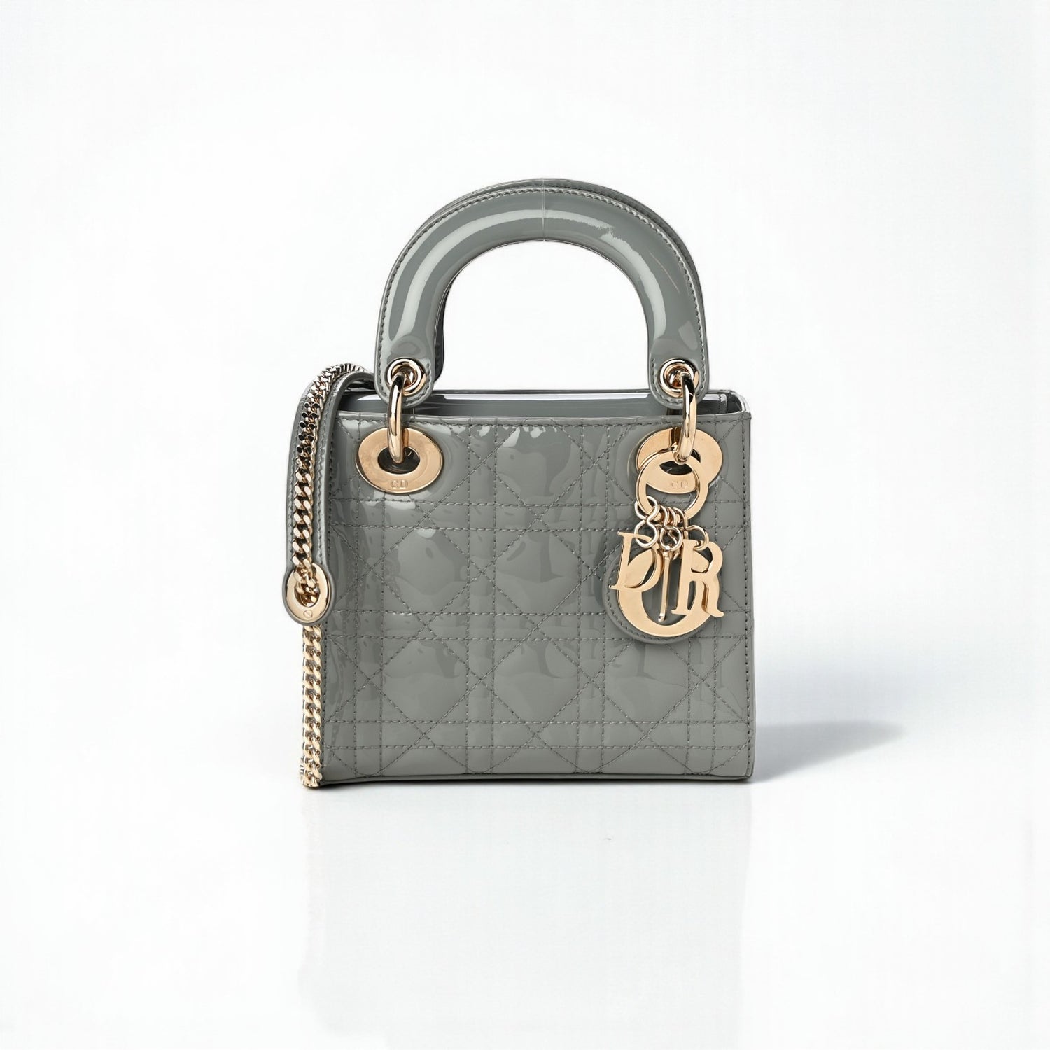 Mini Lady Dior Bag 17cm Gray Patent Leather Gold Hardware
